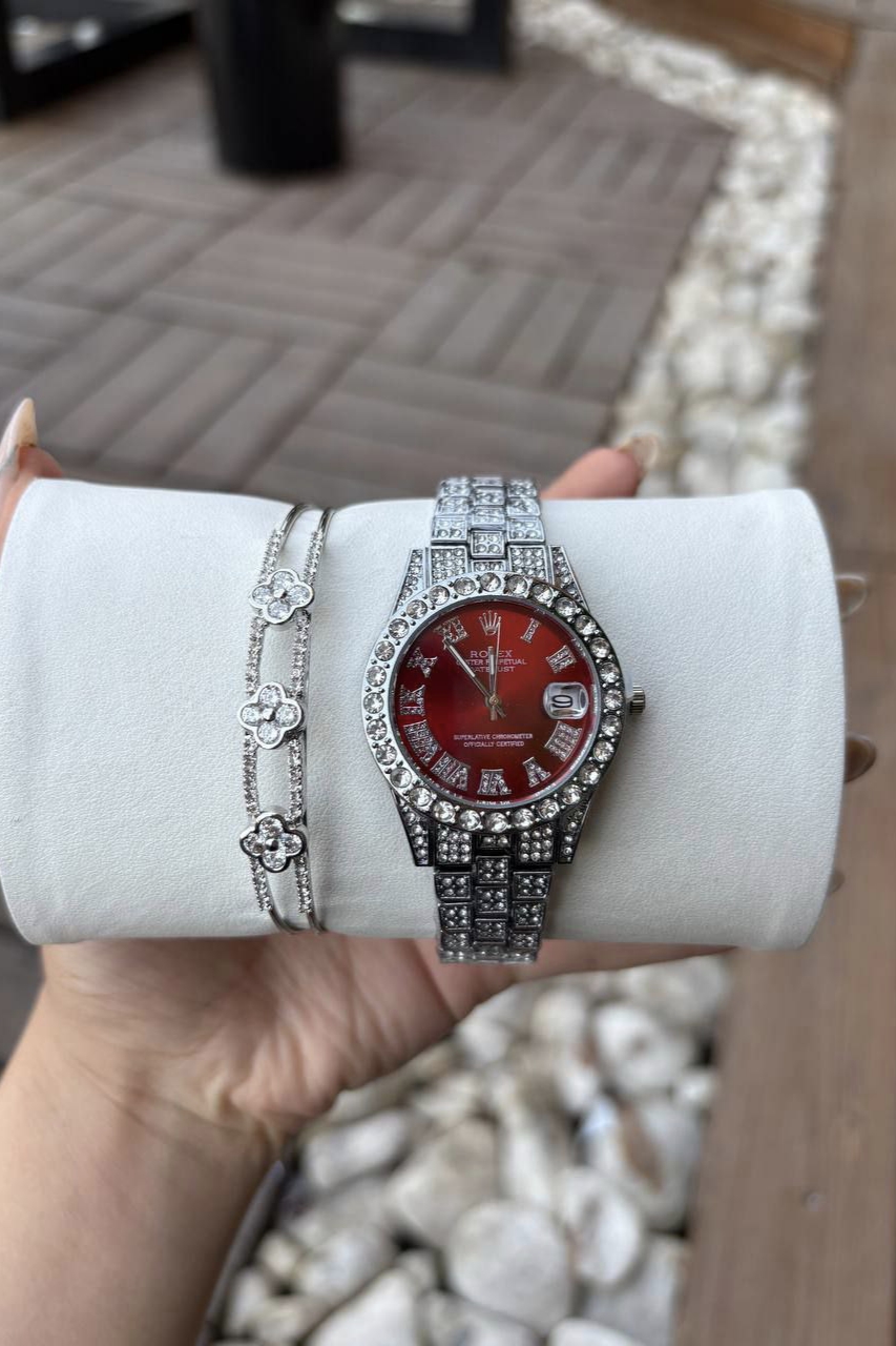 حراج ساعت مچی زنانه رولکس مدل فول نگین رنگ قرمز