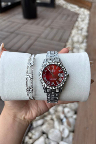 حراج ساعت مچی زنانه رولکس مدل فول نگین رنگ قرمز